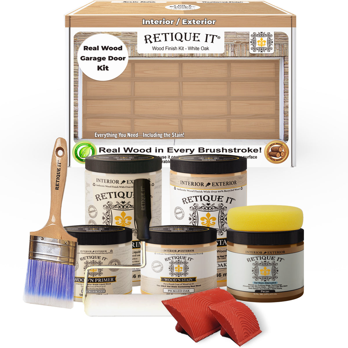 Retique It® Wood'n Door Kit for garage doors in white oak stain, featuring natural wood grain and stain application details.