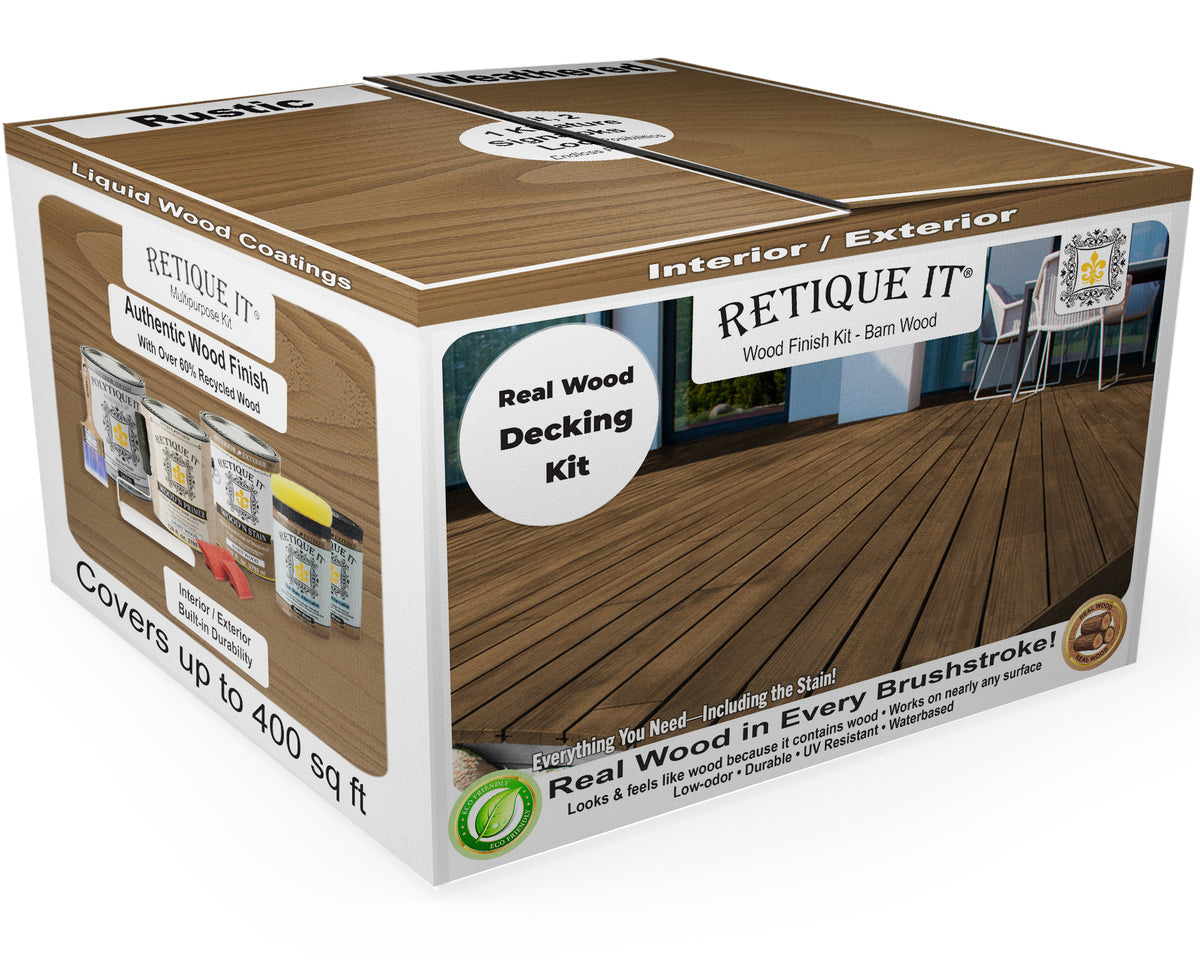 Retique It® Decking Wood'n Kit in Modern Walnut stain, showcasing a wood sample with rich, warm walnut tones and natural wood grain.