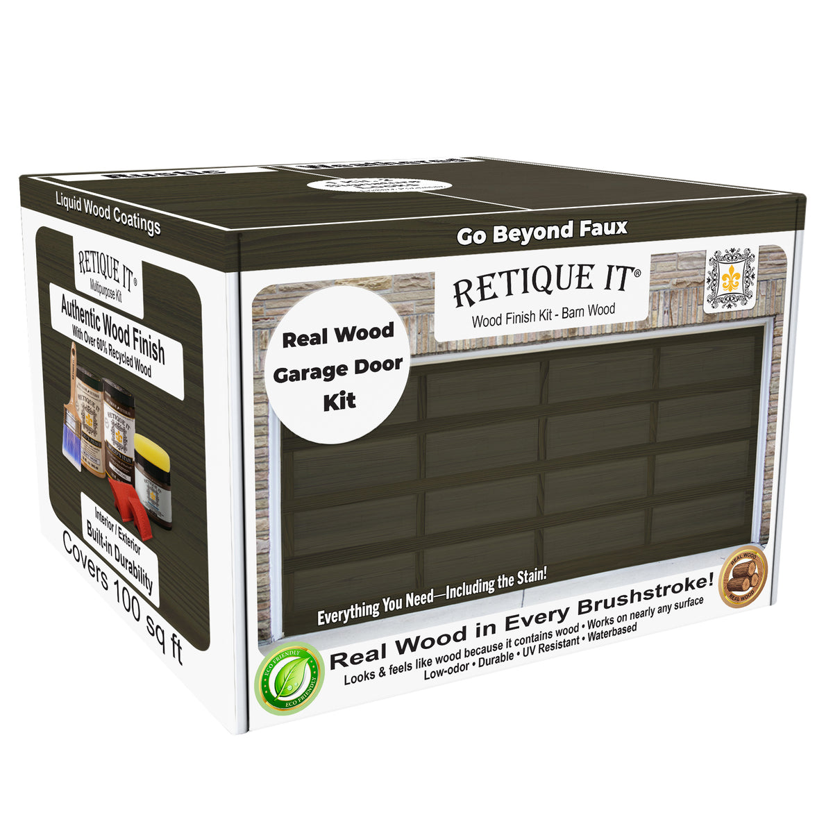 Retique It® Wood'n Door Kit for garage doors in charcoal stain, featuring wood grain finish and easy application.