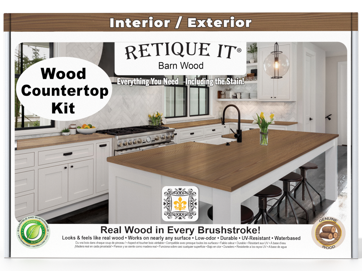 Retique It® barn wood stain countertop kit for kitchen island, featuring natural wood grain and rustic finish.