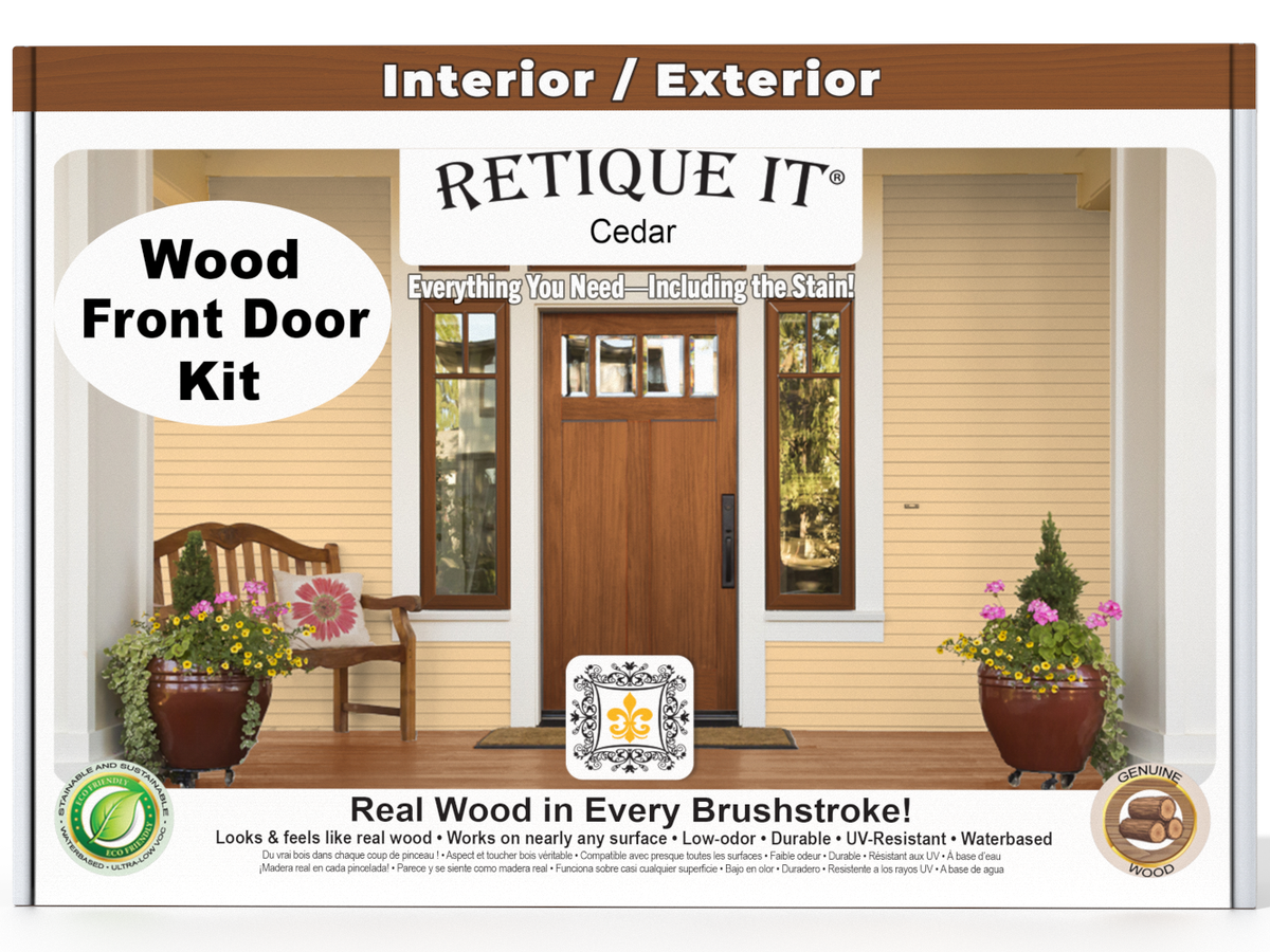 Retique It® Wood'n Finish cedar front door kit with stain, showing the assembled door with natural wood grain and finish details.