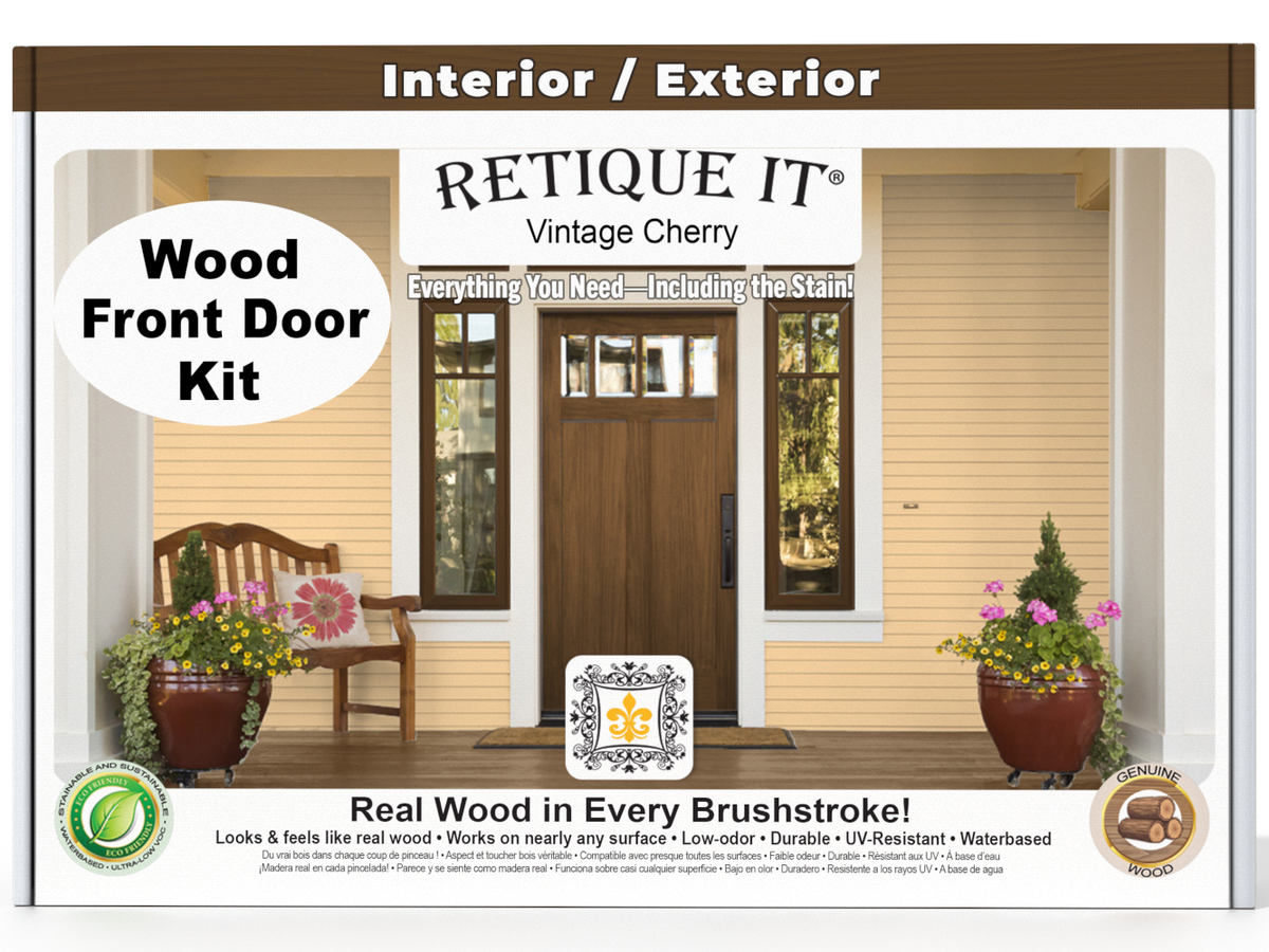 Retique It® Wood'n Finish front door kit in Vintage Cherry stain, showcasing the stained wooden door with a rich cherry finish.