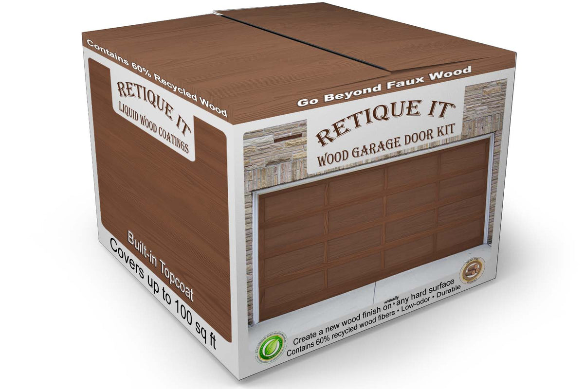Retique It® Wood'n Door Kit in Java stain for garage doors, showing stain application on wooden surface with tools.
