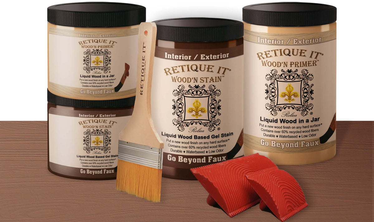 Retique It® Wood'n Door Kit for garage doors in Java stain, featuring stain containers and applicator tools for wood finishing.