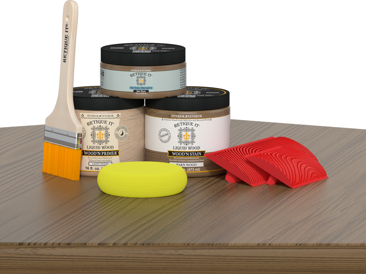 Retique It® Fireplace Wood'n Finish Kit for full fireplace in modern walnut stain, showing wood stain and finishing tools.
