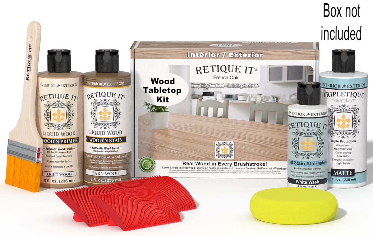 Retique It® Wood'n Finish Kit French Oak stain for tabletops, featuring a wood finish and stain kit in a compact box.