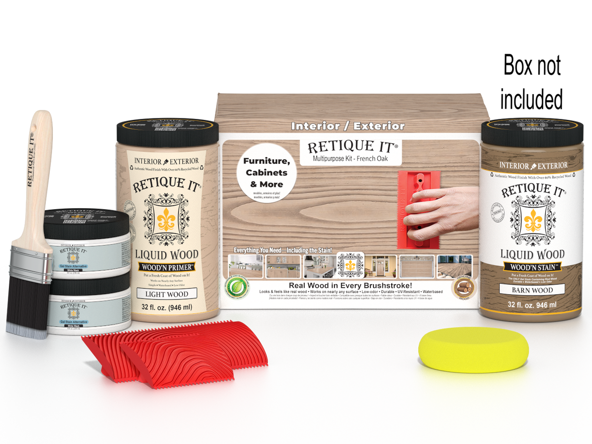 Large Wood'n Kit French oak by Retique It® with wood finish bottles and applicator tools in a box, designed for furniture refinishing.