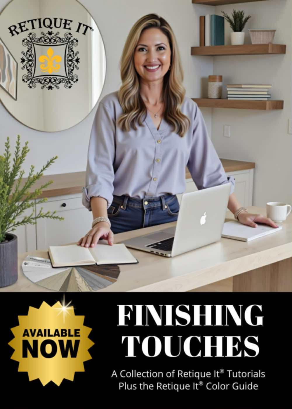 Woman at a desk with a laptop, books, and a coffee cup, with 'Retique It' branding.