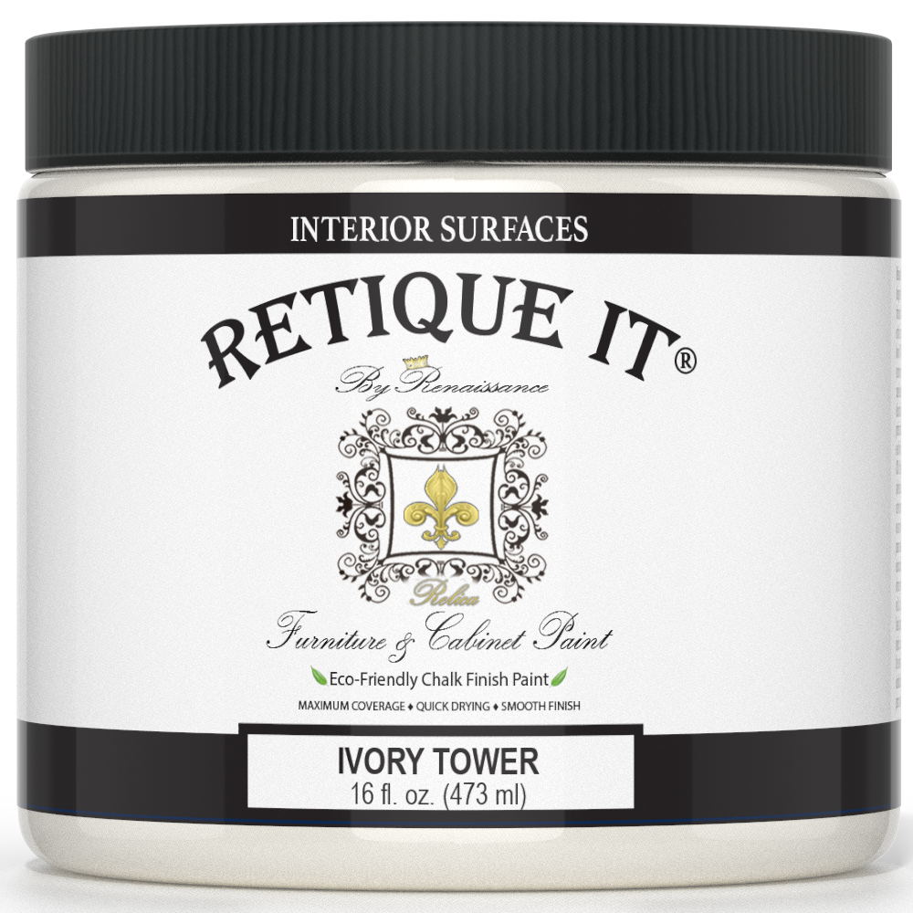 Retique It Renaissance Furniture Paint in Ivory Tower poly kit, showing a close-up of the ivory-colored paint container and application tools.