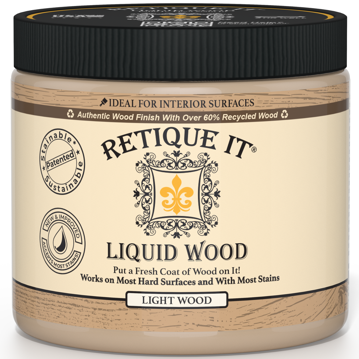 Retique It® Liquid Wood Light interior paint in a container, showcasing the wood-like finish and branding on the label.