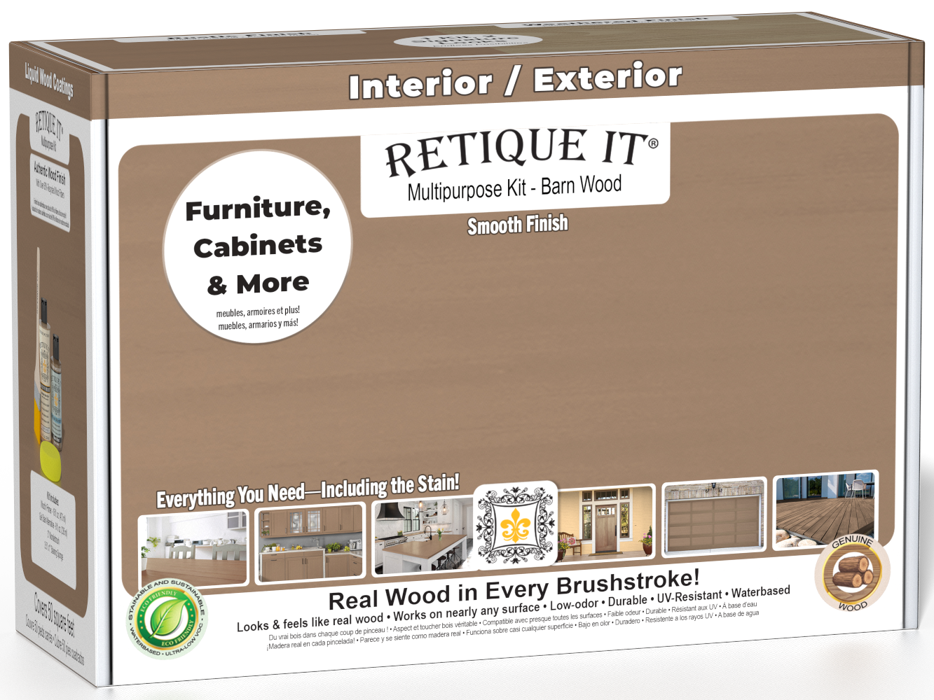 Retique It® Multi-purpose Smooth Finish Kit in Barn Wood for interior top coat with matte finish, includes wood finish and application tools.