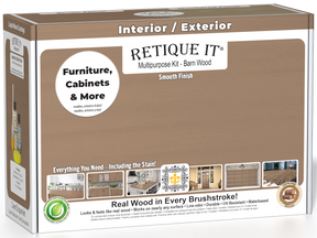 Retique It® Multi-purpose Smooth Finish Kit in Barn Wood for interior top coat with matte finish, includes wood finish and application tools.