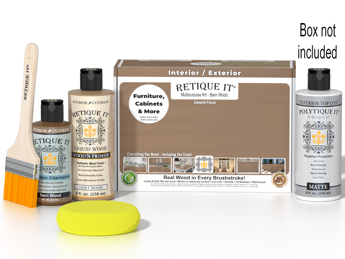 Retique It® Multi-purpose Smooth Finish Kit in Barn Wood with exterior top coat, includes wood finish and application tools.