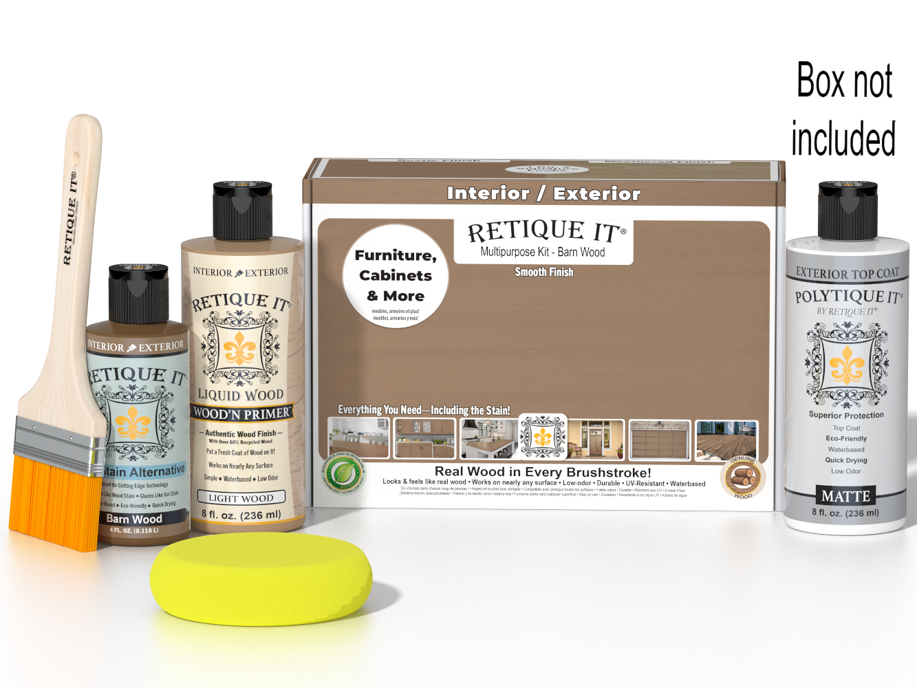 Retique It® Multi-purpose Smooth Finish Kit in Barn Wood with exterior top coat, includes wood finish and application tools.