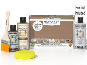 Retique It® Multi-purpose Smooth Finish Kit in Barn Wood with exterior top coat, includes wood finish and application tools.