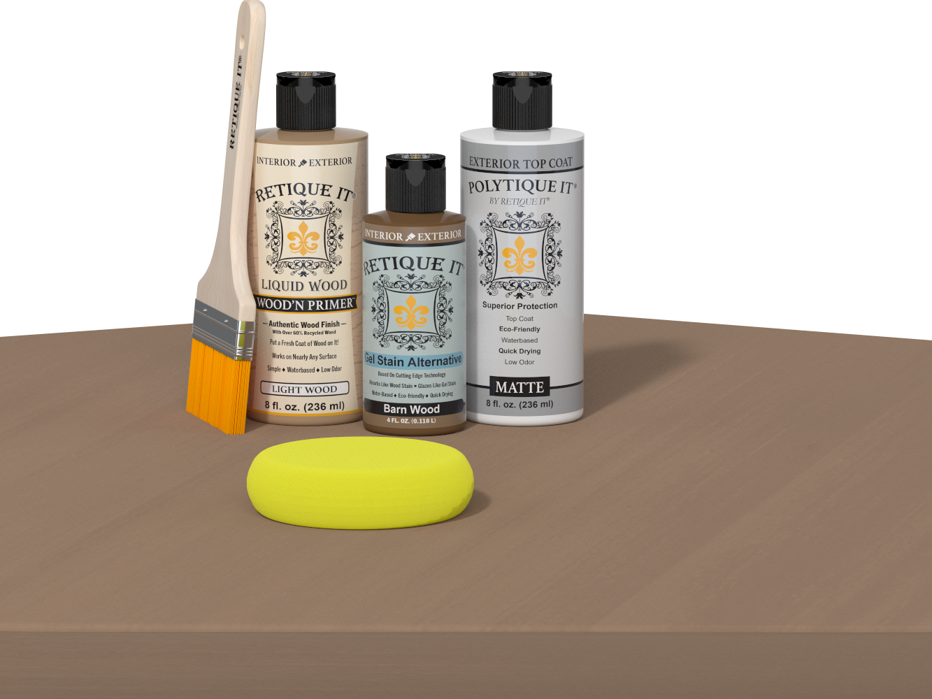 Retique It® Multi-purpose Smooth Finish Kit in Barn Wood for exterior wood projects, includes top coat and finishing tools.