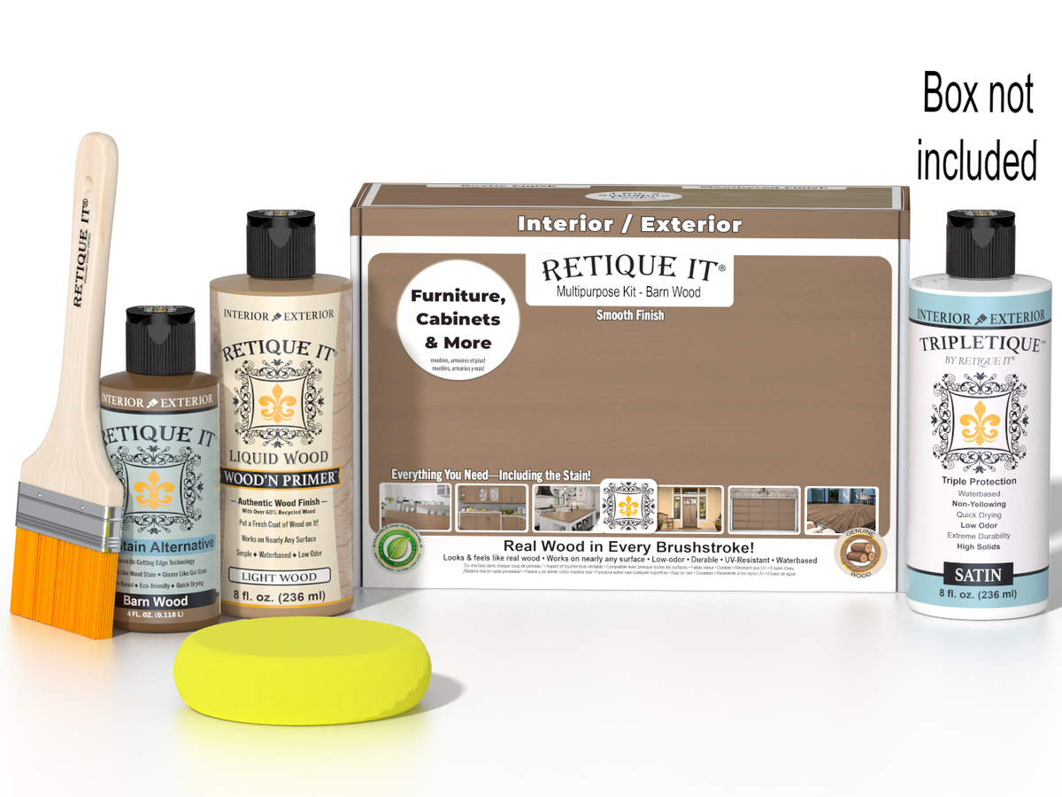 Retique It Wood'n Finish Kit in barn wood for interior top coat with smooth finish, includes brush and finishing tools.