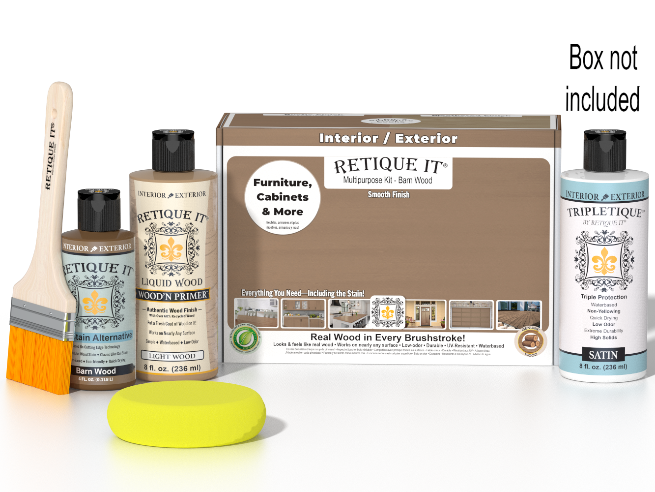 Retique It® Wood'n Finish Kit in barn wood for interior top coat with smooth finish, includes brush and finishing tools.