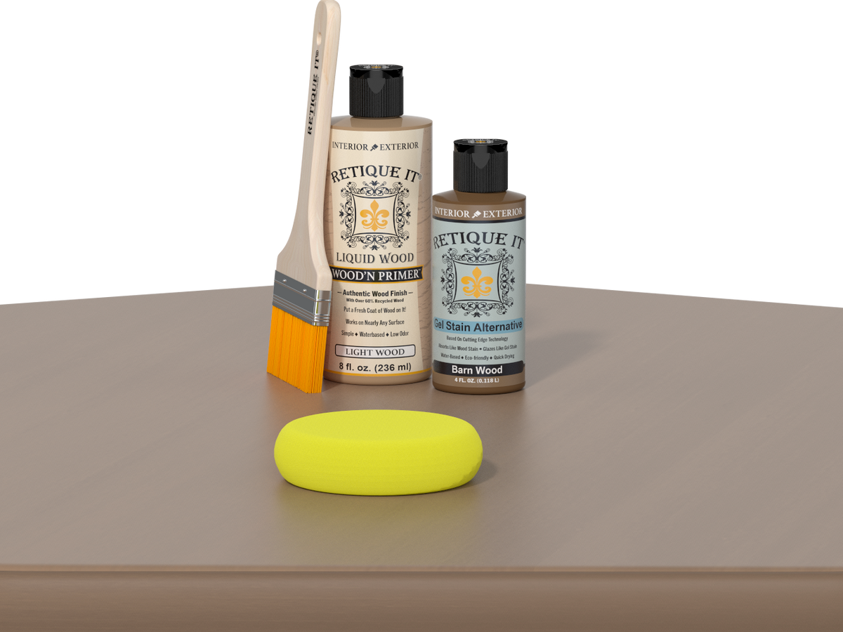 Retique It® Multi-purpose Smooth Finish Kit in Barn Wood for wood finishing and furniture restoration, shown on a table surface.