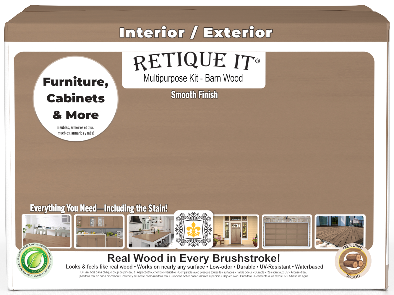 Retique It® Barn Wood Multi-purpose Smooth Finish Kit with 4 large exterior top coat containers and wood finishing accessories