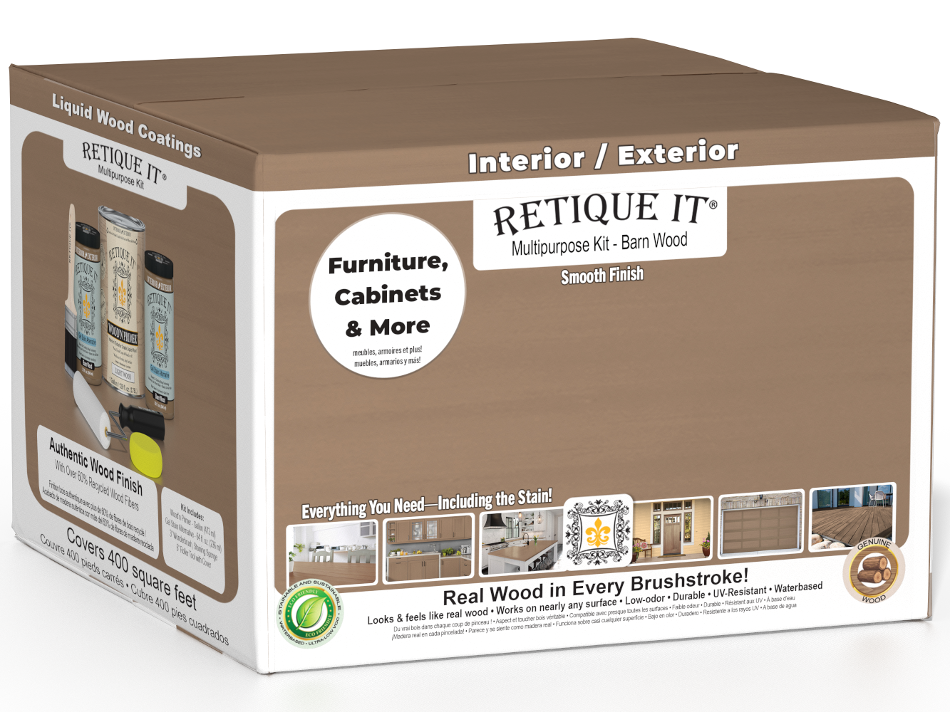 Retique It® Multi-purpose Smooth Finish Kit for exterior barn wood, includes four large wood finish top coats in barn wood color.