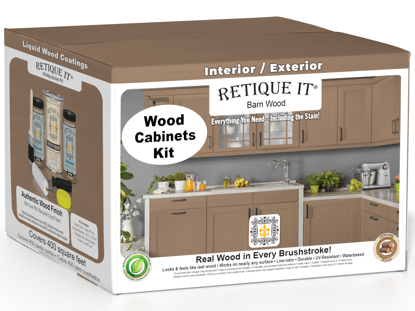 Retique It® Wood'n Cabinet Kit with 48 barn wood doors, smooth finish, showcasing stained wood cabinet panels.