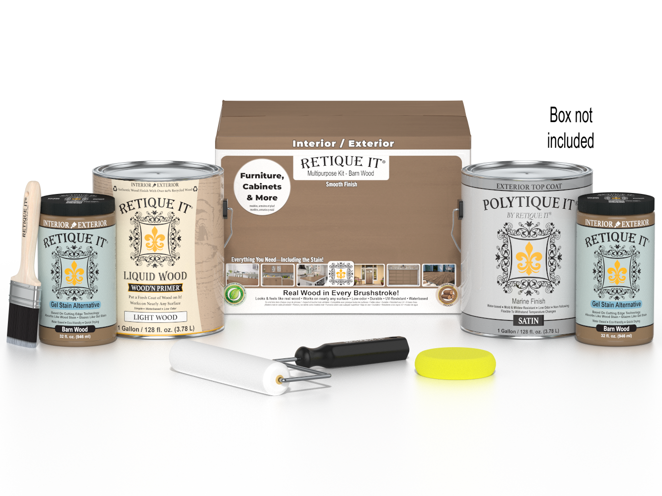 Retique It® Multi-purpose Smooth Finish Kit in barn wood for exterior top coating, includes four large wood finish containers and applicator tools.