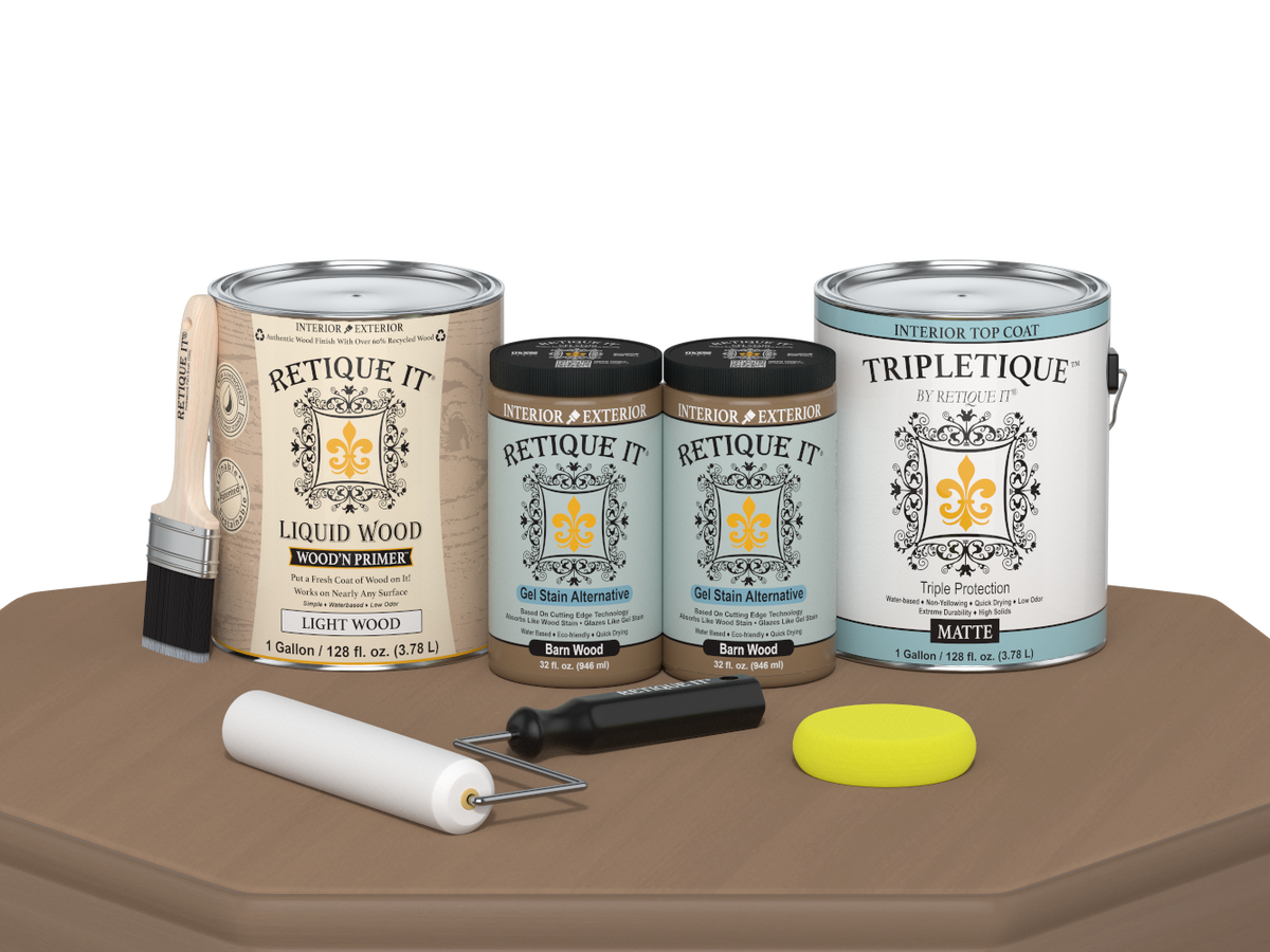 Retique It® Wood'n Finish Kit in Barn Wood with matte top coat, featuring four large containers for multi-purpose wood finishing.