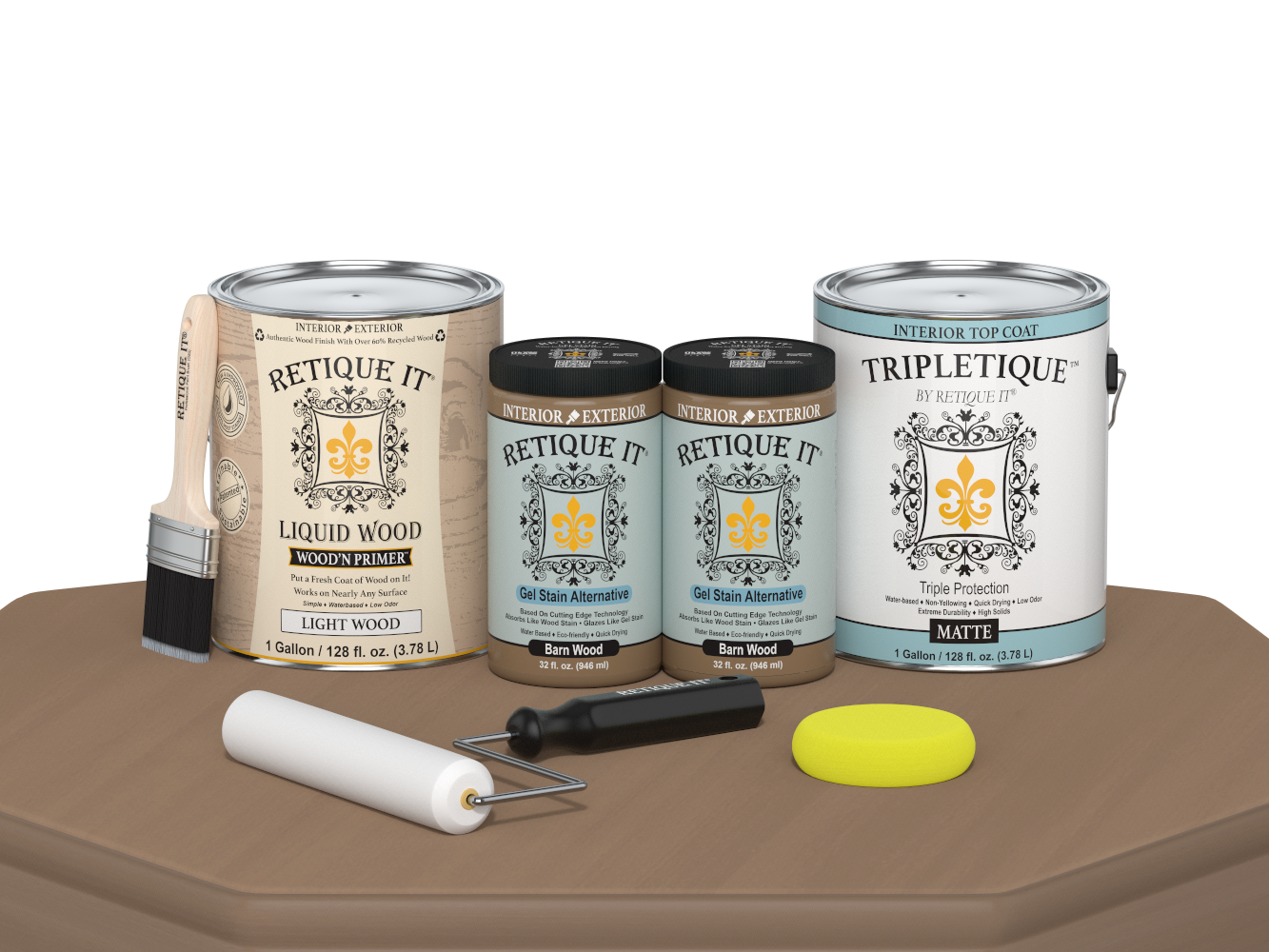 Retique It® Wood'n Finish Kit in Barn Wood with matte top coat, featuring four large containers for multi-purpose wood finishing.