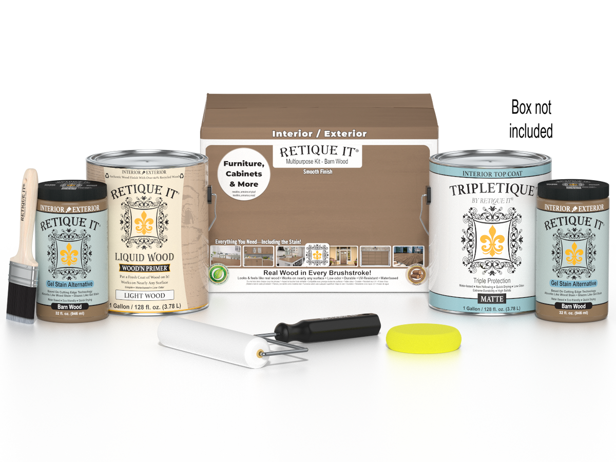Retique It® Multi-purpose Smooth Finish Kit in barn wood for interior wood projects, includes four large top coat bottles.