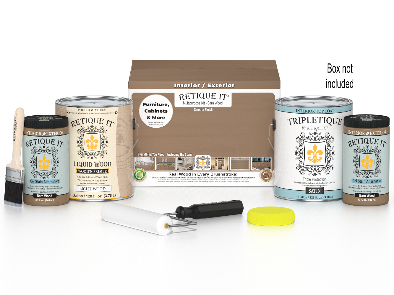 Retique It® Barn Wood Multi-purpose Smooth Finish Kit with four large interior top coats in a barn wood style.