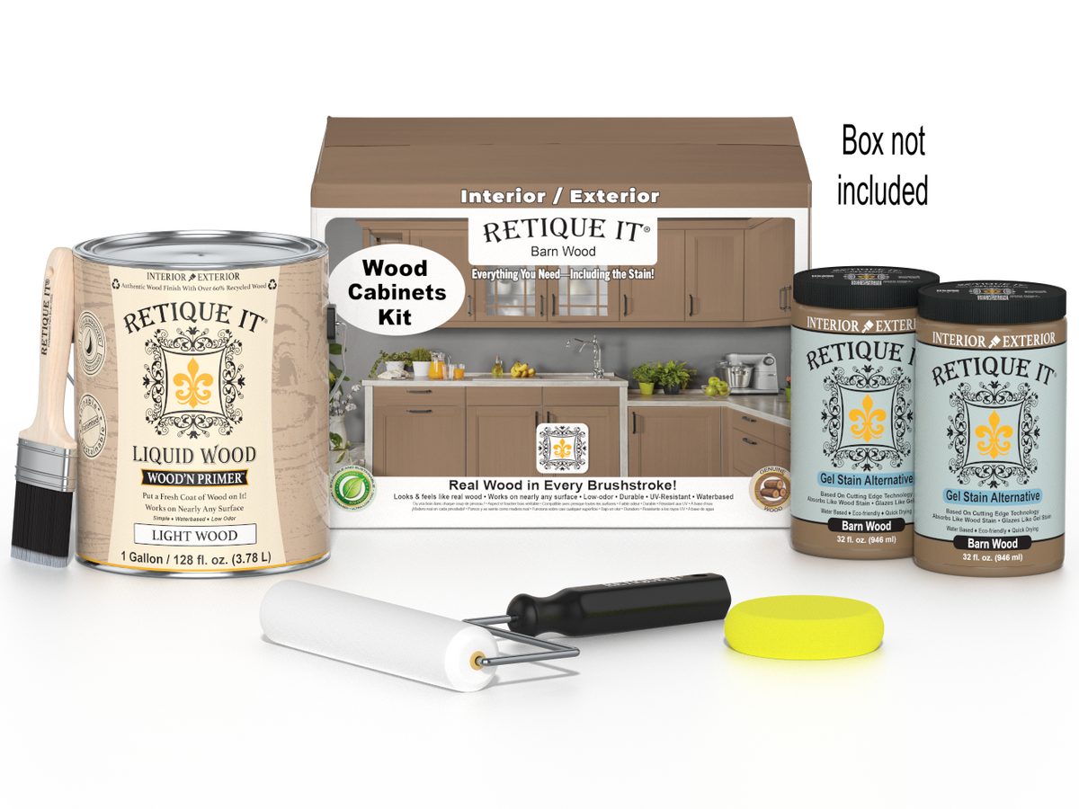 Retique It® Wood'n Cabinet Kit with 48 barn wood doors in a smooth stain finish, ideal for updating kitchen or cabinet interiors.