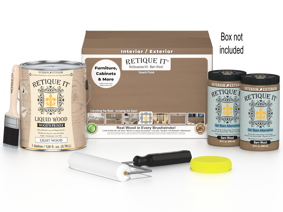 Retique It® wood finish kit with four large barn wood-colored smooth finish bottles and applicator brushes.