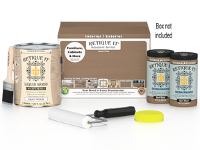 Retique It® wood finish kit with four large barn wood-colored smooth finish bottles and applicator brushes.