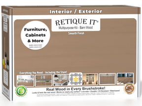 Retique It® Multi-purpose Smooth Finish Kit in Barn Wood for interior top coat with glossy finish, includes wood finish components in box.