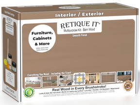 Retique It® Multi-purpose Smooth Finish Kit in Barn Wood, interior top coat with glossy finish, includes wood finish components and tools.