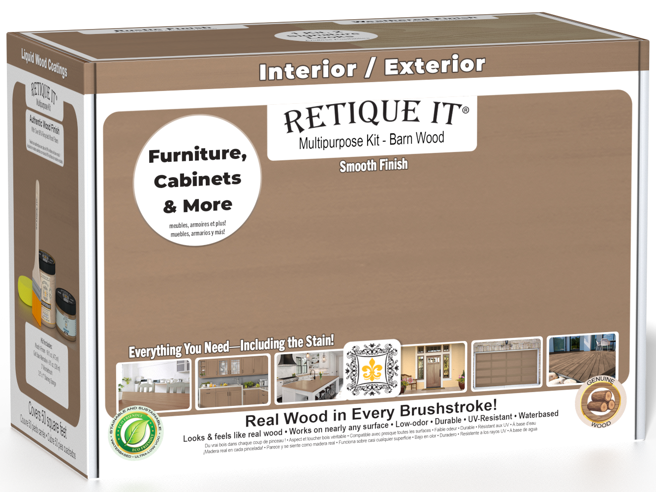 Retique It® Multi-purpose Smooth Finish Kit in Barn Wood for exterior wood projects, includes top coat and matte finish components.