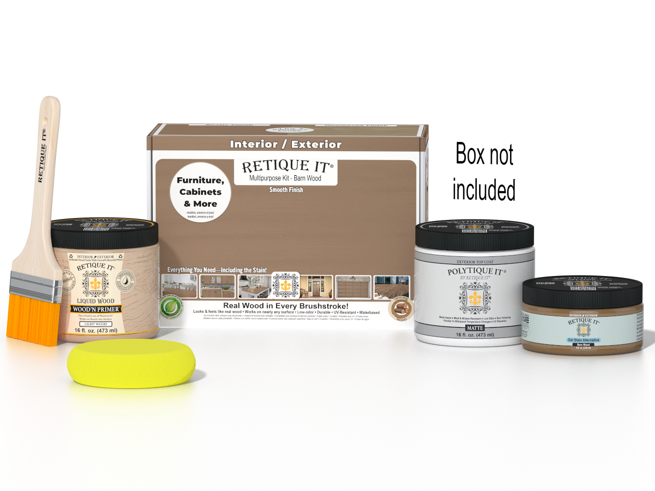 Retique It® Wood'n Finish Kit in Barn Wood, multi-purpose smooth finish top coat for exterior wood projects, includes application tools.