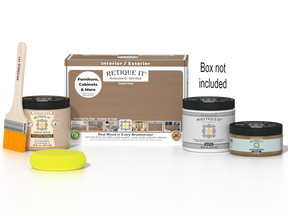 Retique It® Wood'n Finish Kit in Barn Wood, multi-purpose smooth finish top coat for exterior wood projects, includes application tools.