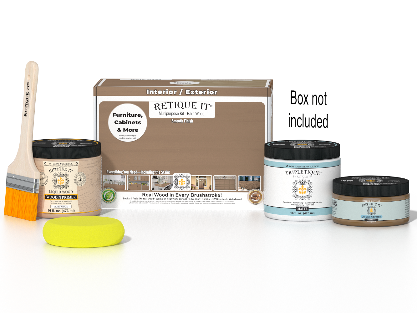 Retique It® Multi-purpose Smooth Finish Kit in Barn Wood for interior top coat, matte wood finish with included tools and supplies.