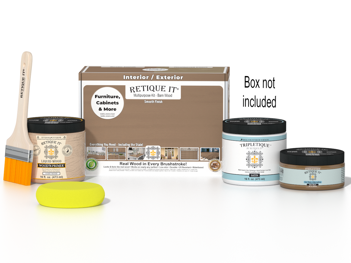 Retique It Multi-purpose Smooth Finish Kit in Barn Wood for interior wood projects, includes top coat and application tools.