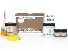 Retique It® Multi-purpose Smooth Finish Kit in Barn Wood for interior wood projects, includes top coat and application tools.