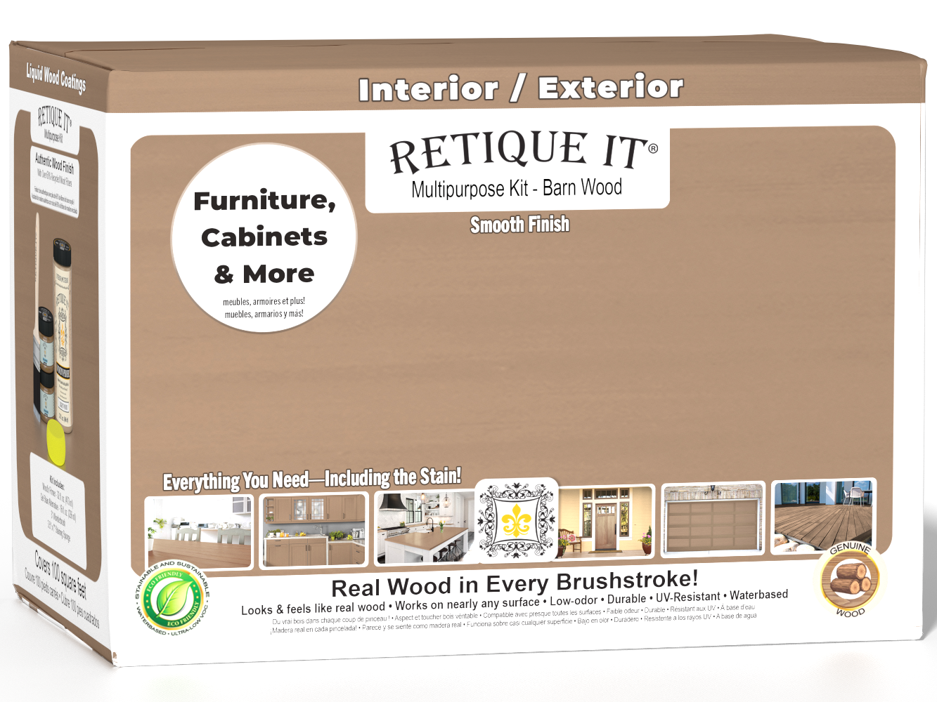 Large Barn Wood Multi-purpose Smooth Finish Kit by Retique It® for exterior wood top coating, includes kit box and product components