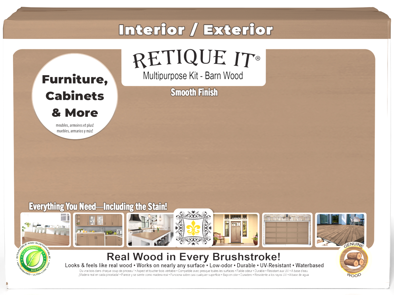 Retique It® Multi-purpose Smooth Finish Kit (Large) in Barn Wood for interior top coat, featuring a matte wood finish.