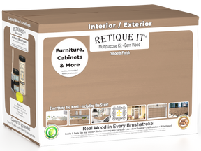 Retique It® wood finish kit with four large barn wood top coats, designed for smooth interior wood surfaces.