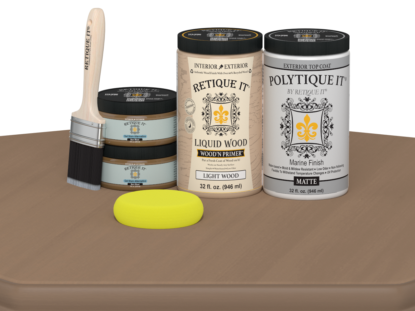 Large Barn Wood Multi-purpose Smooth Finish Kit by Retique It® for exterior top coat, includes matte wood finish application tools.
