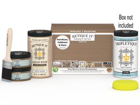 Large Barn Wood Multi-purpose Smooth Finish Kit by Retique It® with interior top coat in gloss, including wood finish components and tools.