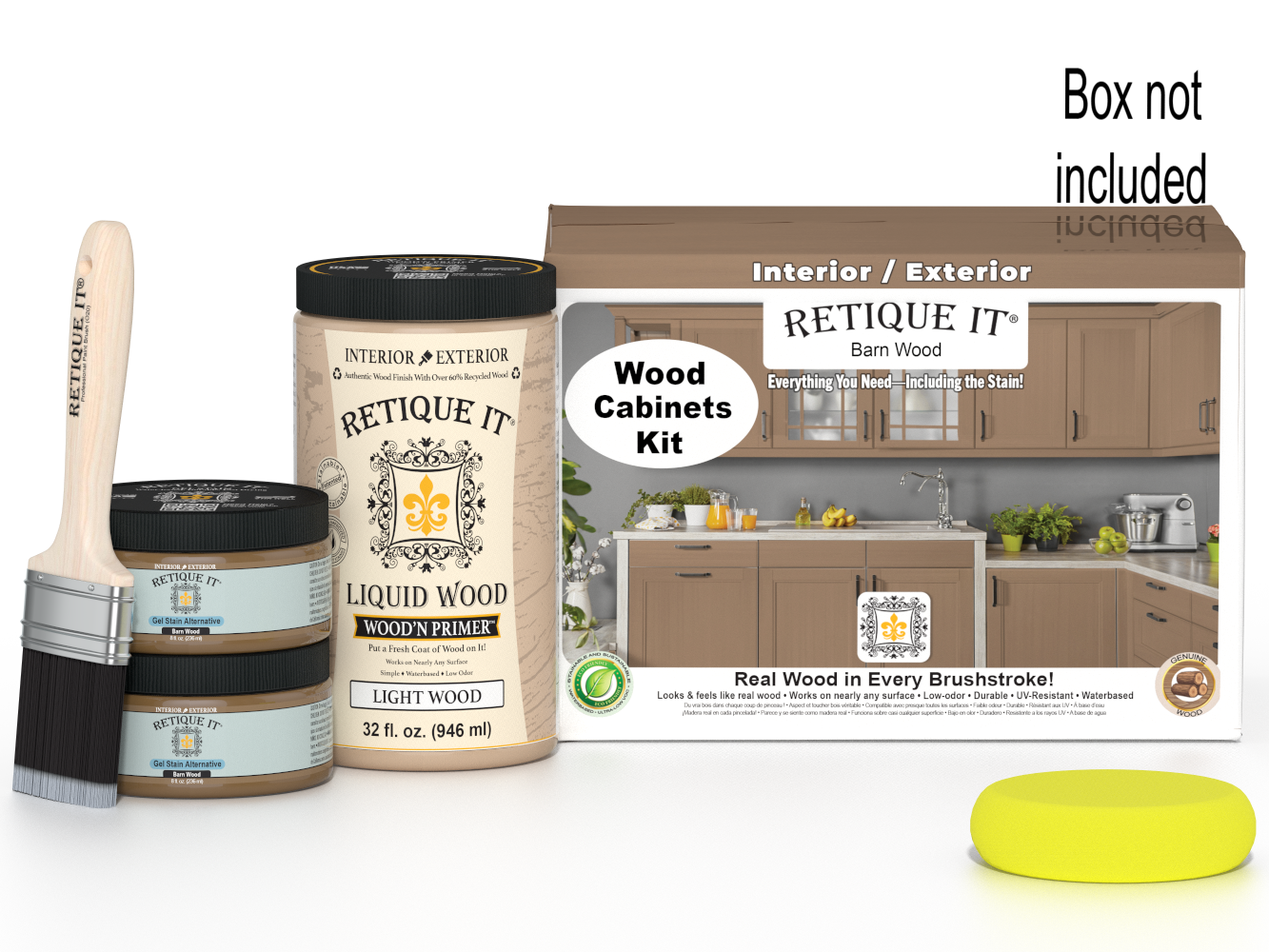 Retique It® Wood'n Cabinet Kit with 12 smooth barn wood doors, stain finish, shown in a box for wood cabinet renovation.