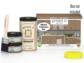 Retique It® Wood'n Cabinet Kit with 12 smooth barn wood doors, stain finish, shown in a box for wood cabinet renovation.