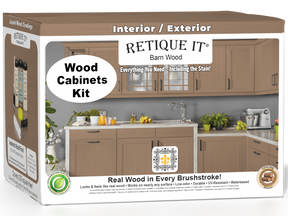 Retique It® Wood'n Cabinet Kit with 24 smooth barn wood doors, stain finish, shown in a 3D cabinet box image.